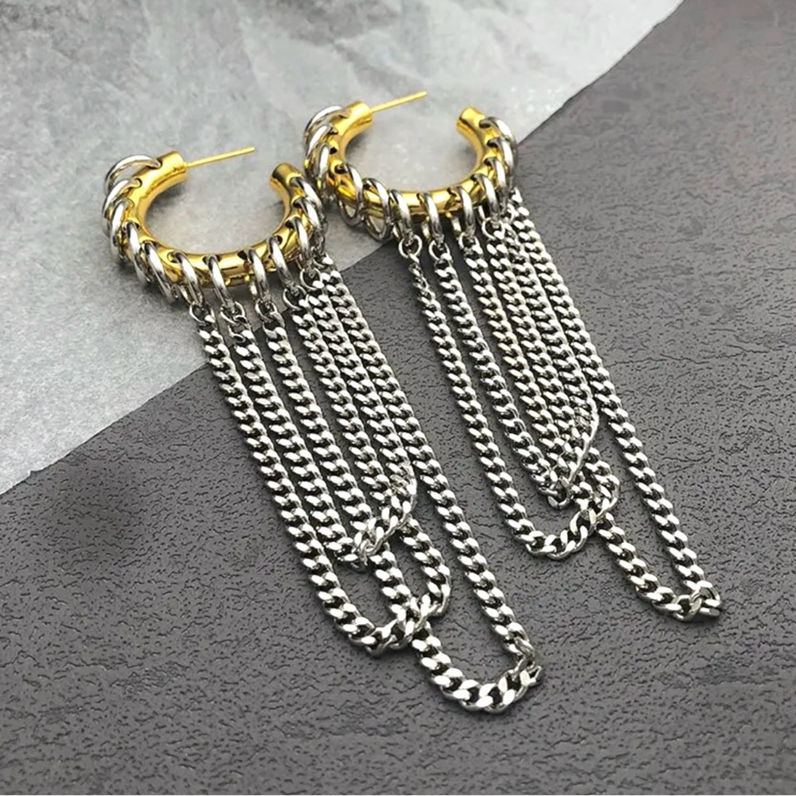 Hoop & Chain Earrings Mixed Metal 2 Two Tone Gold Silver My30